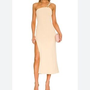 For Love & Lemons Keisha Midi Dress Tan Size MEDIUM Ribbed Cut-Out Back Slit NWT